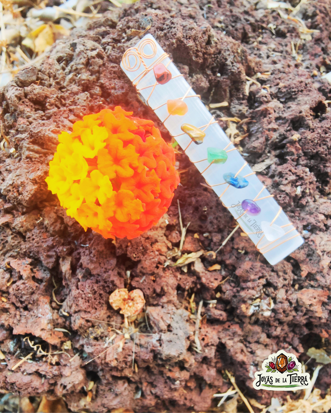 Barra de Selenita con Piedras de los 7 Chakras 🌈✨