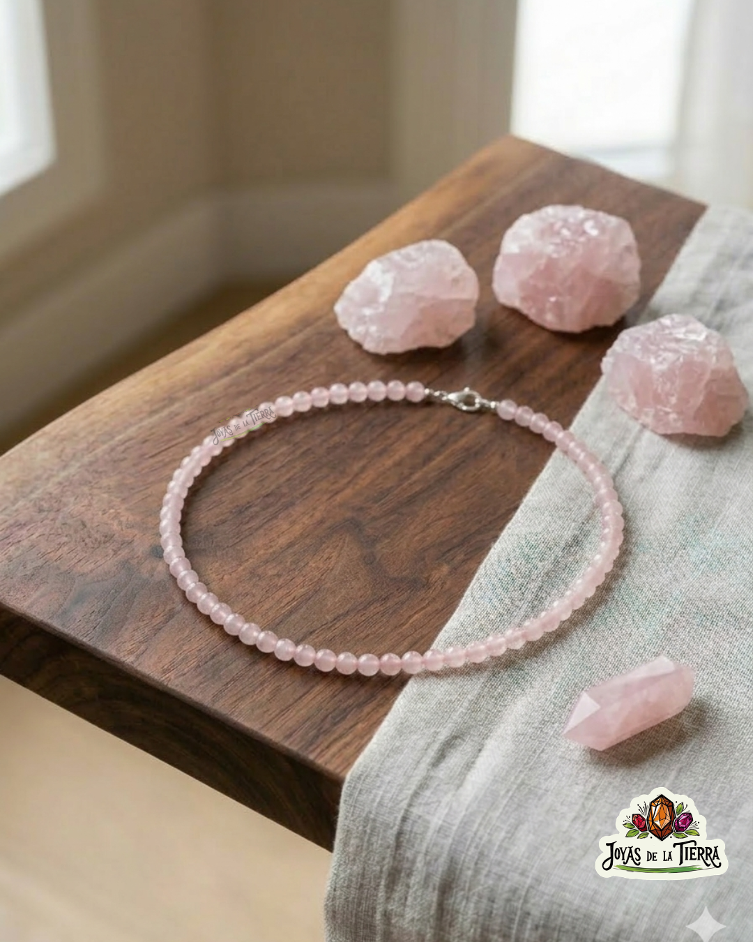 Collar de cuarzo rosa natural con cuentas de 4 mm
