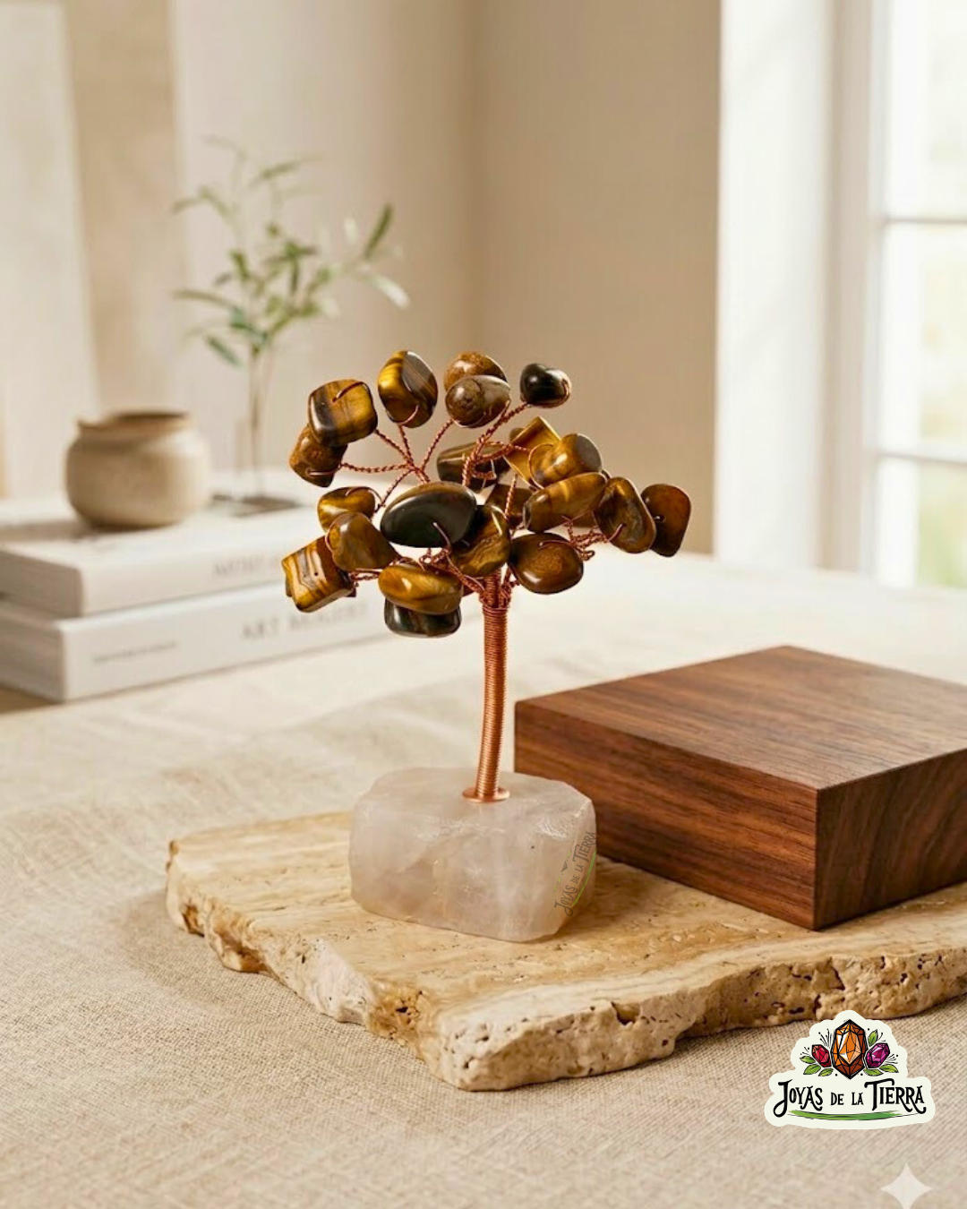 Árbol de la Vida de ojo de tigre con base de cuarzo rosa